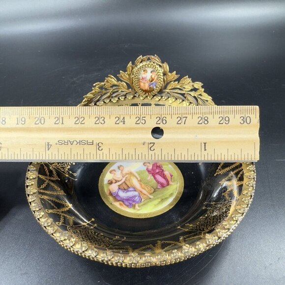 Antique La Chateau Porcelain Trinket Dish Metal Bronze Mount Victorian Scene VTG - Picture 6 of 16